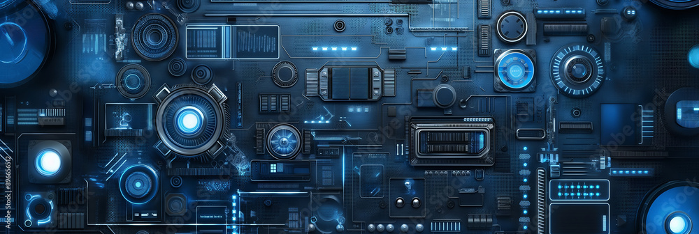 Complex futuristic circuit board glowing blue with data transferring Complex futuristic circuit board glowing blue with data transferring