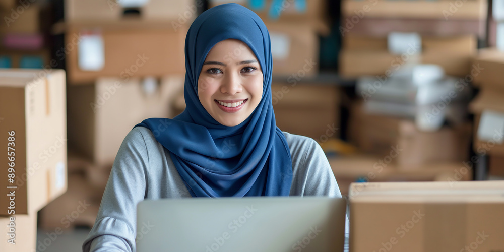 Muslim woman working at home with laptop smiling at camera surrounded by boxes