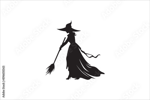 witch silhouette illustration. Halloween witch silhouette. A Silhouette of Witch with Broom.