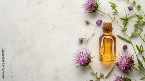 Burdock oil bottle and flowers on white table top view with space for text photo