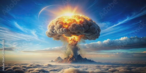 Nuclear explosion of the brain under blue sky with emotional overstrain and mental instability , explosion, brain photo