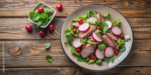 Plate with a homemade salad featuring roast beef and radishes on a rustic table, food, fresh, healthy, salad, meal