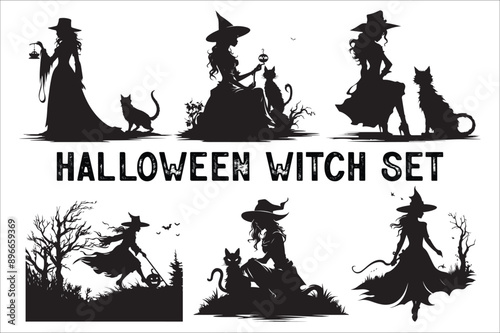 witch silhouette illustration. Halloween witch silhouette. A Silhouette of Witch with Broom.