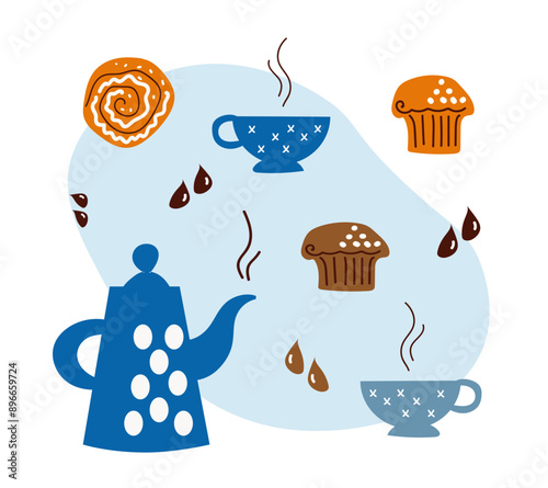 set of delicious and sweet pastries, a coffee pot and coffee cups. Fresh rolls and chocolate muffins for breakfast. A flat cartoon vector illustration isolated on a white background. Banner,  menu