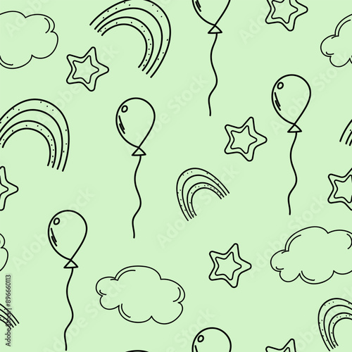 Seamless outline pattern with ballons, stars and rainbow. Hand drawn vector doodle cute neutral background.Trendy outline pattern for wrapping paper, wallpaper, stickers, notebook cover. 