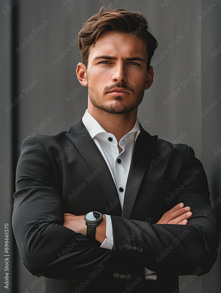 A handsome man in a suit, with his arms crossed and looking at the camera A handsome man in a suit, with his arms crossed and looking at the camera