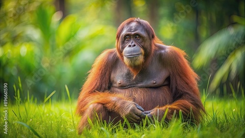 Orangutan sitting happily on a grassy field on a sunny day, orangutan, wildlife, nature, animal, mammal, ape, grass, sunny