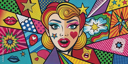 Colorful Pop Art composition with bold colors, graphic patterns, and iconic imagery from popular culture