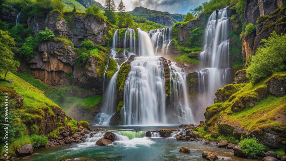 Obraz premium A stunning waterfall cascading down the rugged mountainside in a lush natural setting, waterfall, nature, mountains