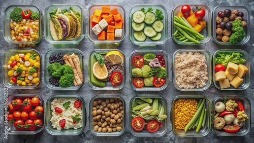Healthy meal prepped in glass containers, arranged neatly from a top view, healthy, food, glass, containers, meal prep © Udomner