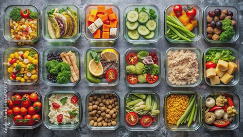 Healthy meal prepped in glass containers, arranged neatly from a top view, healthy, food, glass, containers, meal prep