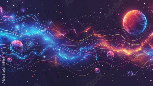 Cosmic Nebula With Glowing Planets