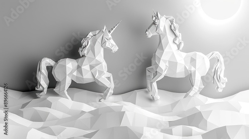 Two White Unicorns on a Geometric Background