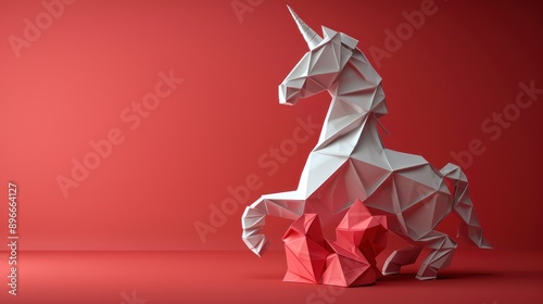 White Origami Unicorn on a Red Background