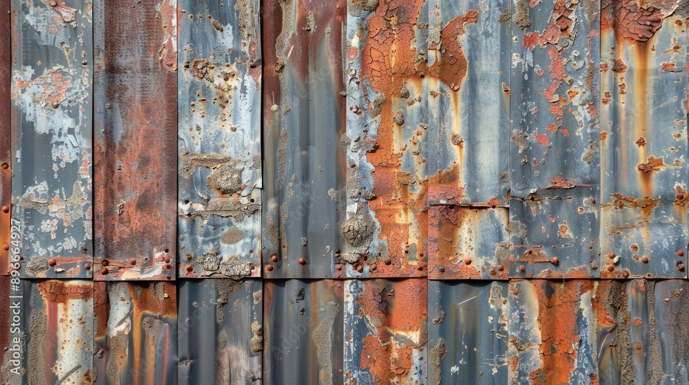 Close-up texture of rusty metal sheets with peeling paint, showcasing the effects of weathering and time Close-up texture of rusty metal sheets with peeling paint, showcasing the effects of weathering and time