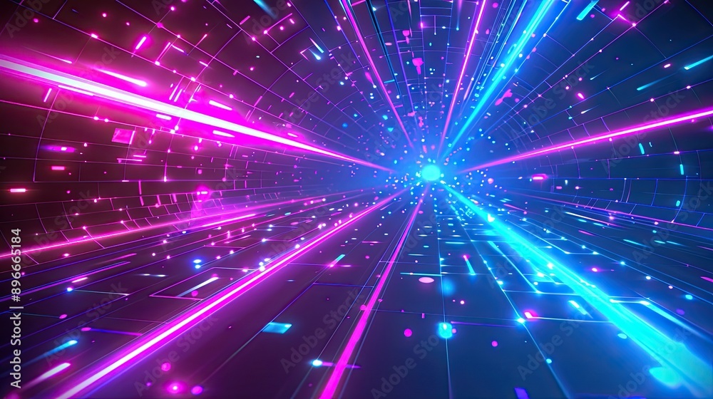 Abstract view of a neon-lit tunnel with vibrant pink and blue light streaks, creating a sense of depth and motion Abstract view of a neon-lit tunnel with vibrant pink and blue light streaks, creating a sense of depth and motion