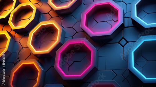 Abstract Geometric Neon Shapes on Hexagon Wall