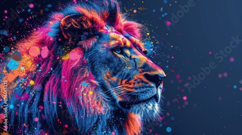 Vibrant Lion Portrait with Colorful Splatter