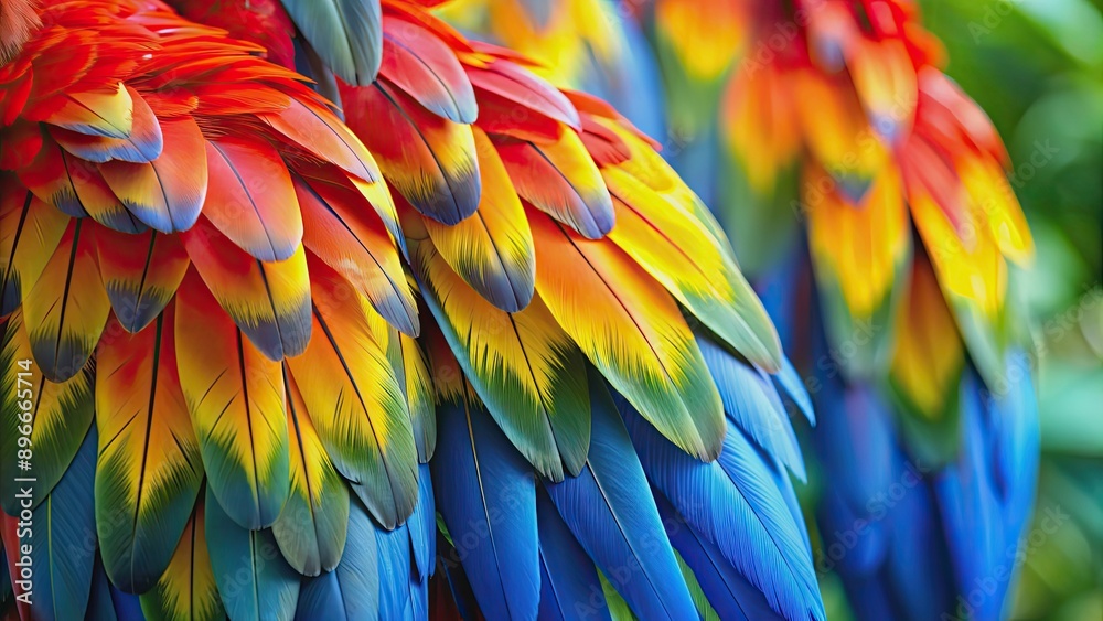 Fototapeta premium Colorful Scarlet macaw bird feathers in vibrant red, yellow, orange, and blue shades against an exotic nature background