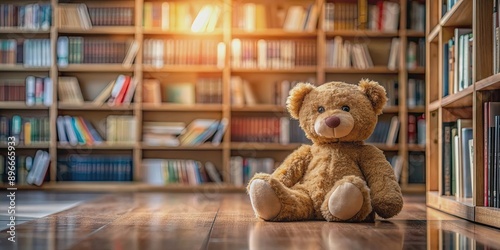 Teddy bear sitting peacefully in a cozy library setting , Teddy bear, library, books, reading, quiet, peaceful