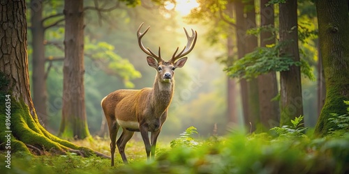 Deer standing peacefully in a lush forest, wildlife, nature, animal, woodland, tranquility, peaceful, majestic © Udomner