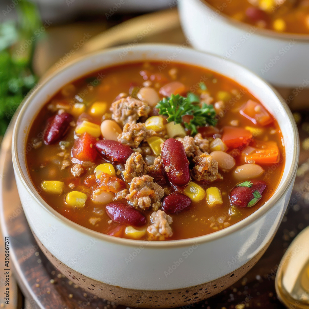 Spicy Mexican soup with meat, beans and tomatoes Spicy Mexican soup with meat, beans and tomatoes