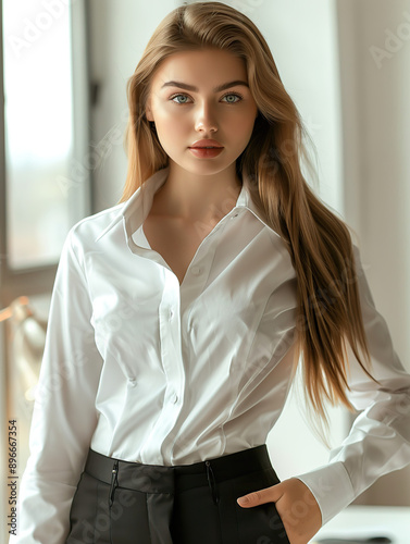 A beautiful business woman in a shirt is in the office Free Download A beautiful business woman in a shirt is in the office - GFXLoad