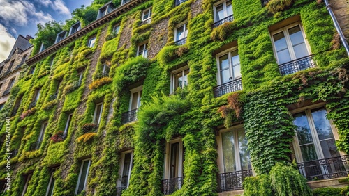Green wall with textured vegetation climbing up a building in Paris , green, wall, texture, vegetation, climbing, building © Udomner