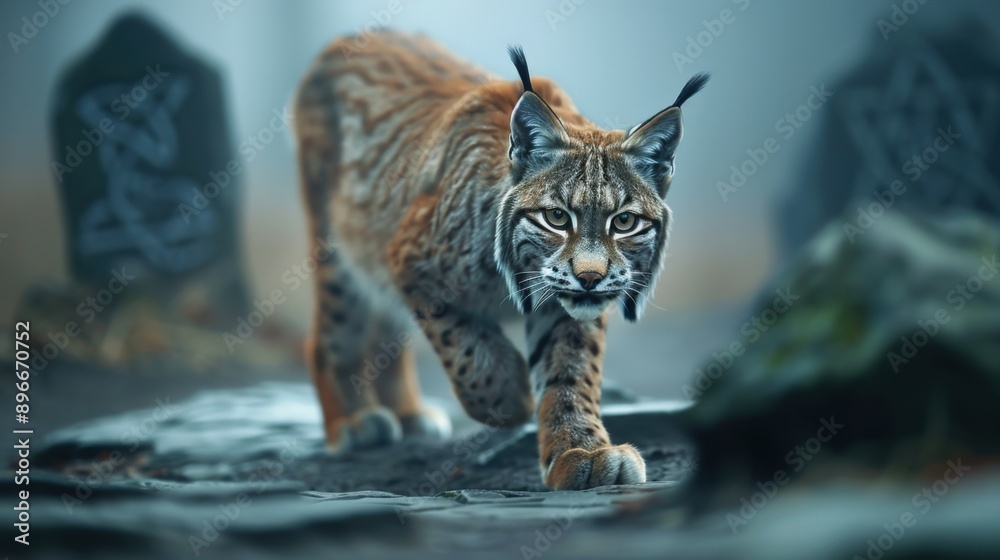 Obraz premium A majestic lynx strides through a misty landscape, showcasing its keen gaze and agile form, surrounded by ethereal stones.