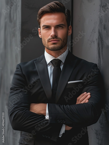 A handsome man in a suit, with his arms crossed and looking at the camera