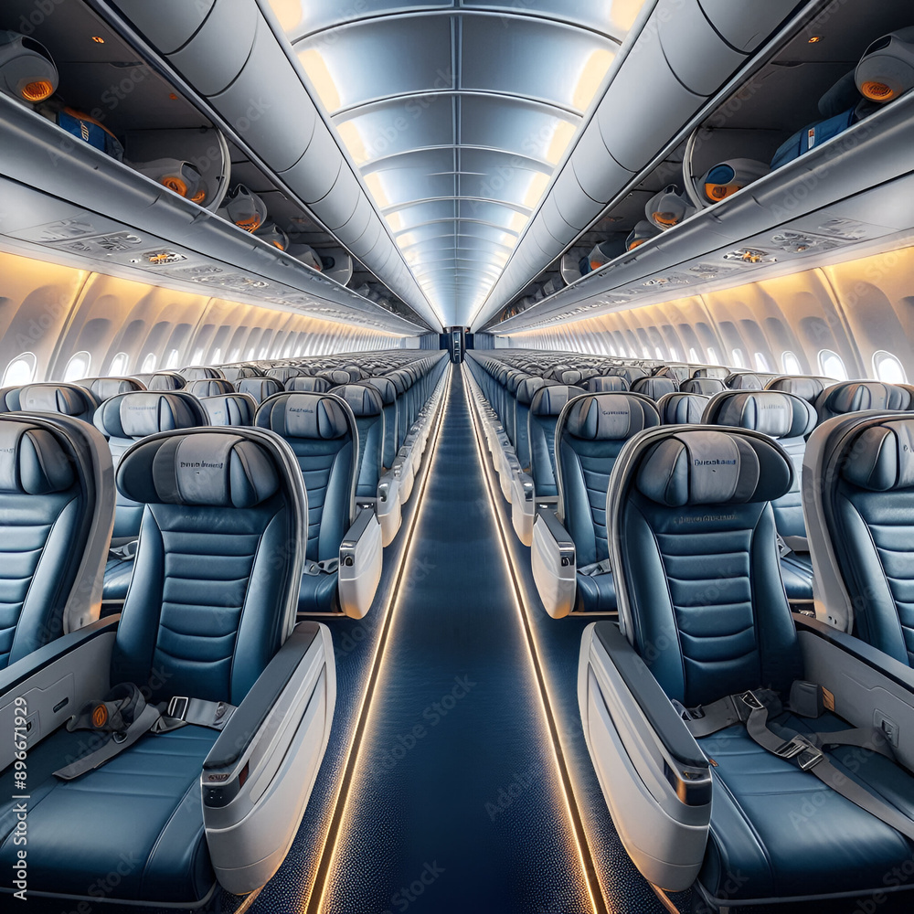 Obraz premium A view through the airplane seats reveals a lengthy corridor of seating, emphasizing the aircraft's spacious and organized interior.