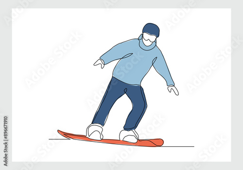 Continuous single line sketch drawing of man snowboarder ride speed at mountain. One line art of extreme sport winter snowboard vector illustration