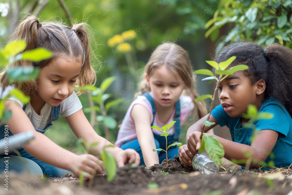 Children cooperation planting tree garden soil ecology learning. AI generated Children cooperation planting tree garden soil ecology learning. AI generated