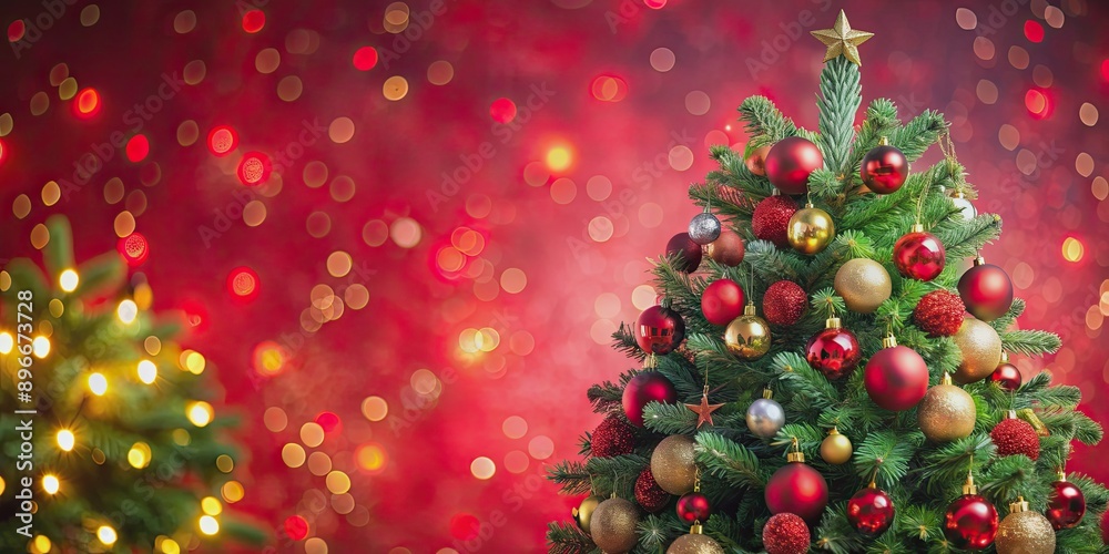 Christmas tree adorned with ornaments and surrounded by bokeh lights on a vibrant red background, Christmas Christmas tree adorned with ornaments and surrounded by bokeh lights on a vibrant red background, Christmas