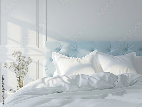 White bed with white pillows and duvet on the side, close up, in bedroom with light blue headboard against white wall background
