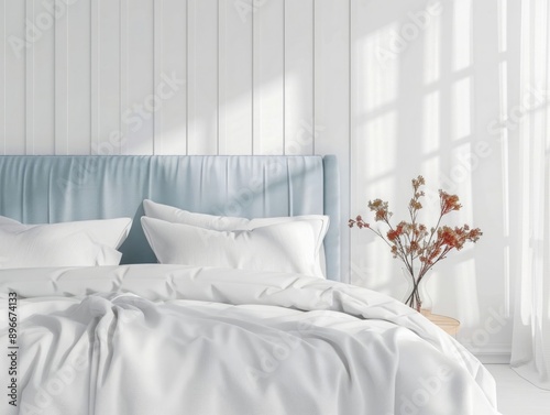 White bed with white pillows and duvet on the side, close up, in bedroom with light blue headboard against white wall background