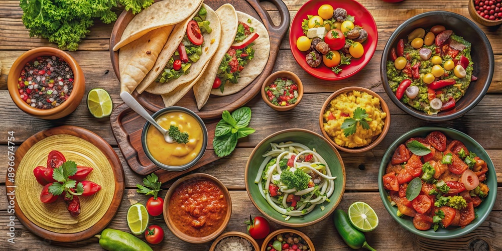 Variety of delicious Mexican dishes on a table , Tacos, Burritos, quesadillas, chili, fajitas, tortillas, Mexican cuisine Variety of delicious Mexican dishes on a table , Tacos, Burritos, quesadillas, chili, fajitas, tortillas, Mexican cuisine