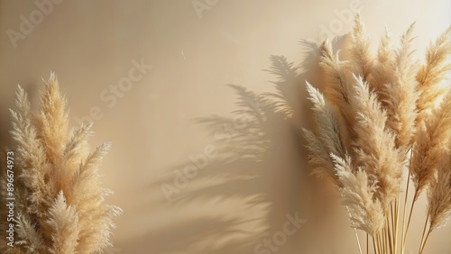 Abstract background with natural shadows of pampas grass on a beige wall , pampas grass, natural shadows, abstract