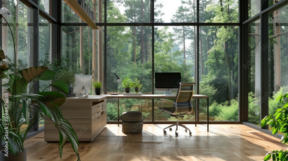 Modern corporate office open space with forest outside the window. Calming and productive workspace for modern lifestyle. Modern corporate office open space with forest outside the window. Calming and productive workspace for modern lifestyle.