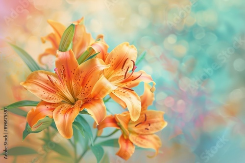 Vibrant orange tiger lilies with a soft, pastel-colored background