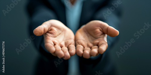 Person hands open fingers spread wide giving or offering openness generousity and hospitality. AI generated photo