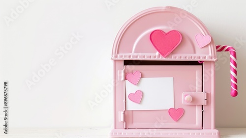 Valentine s Day themed pink mailbox with message hearts and note card on white background