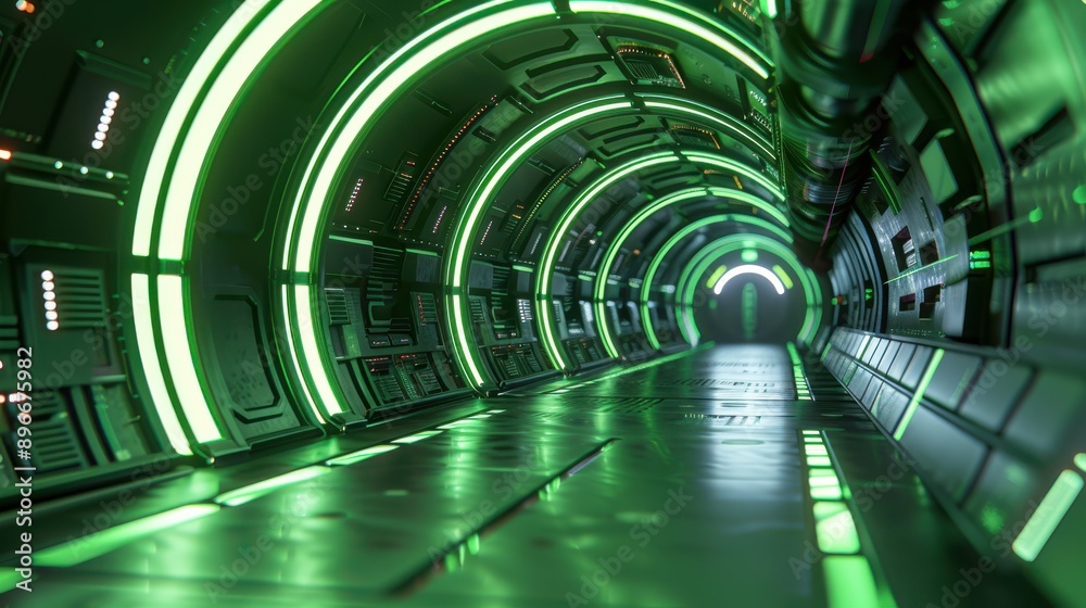 A futuristic corridor with green neon lights, featuring sleek metallic surfaces and advanced technology design elements.