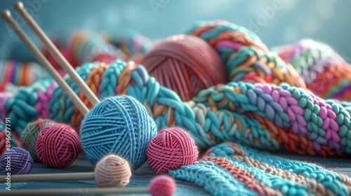 A cozy 3D clipart of a knitting project with yarn and needles