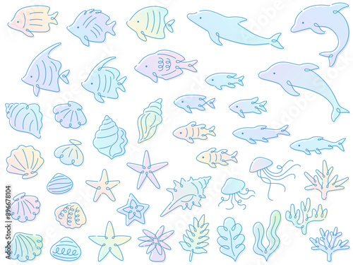 カラフルなグラデーションの海の生き物のイラストセット