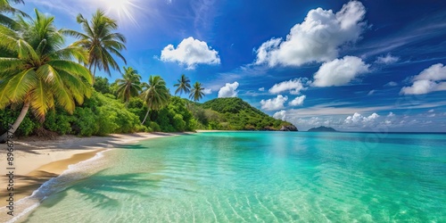 Fototapeta Naklejka Na Ścianę i Meble -  Sunny tropical Caribbean beach with turquoise water, perfect for a summer island vacation , Caribbean, beach, turquoise water