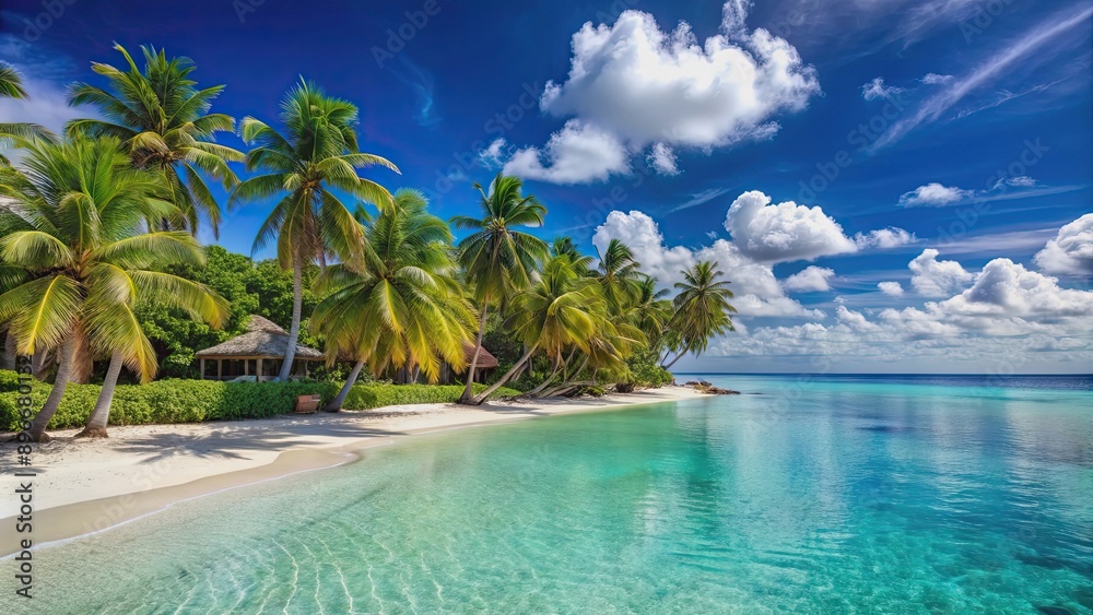 Obraz premium Tropical resort with palm trees, white sand beach, and clear blue water, tropical, resort, palm trees, sandy beach, vacation