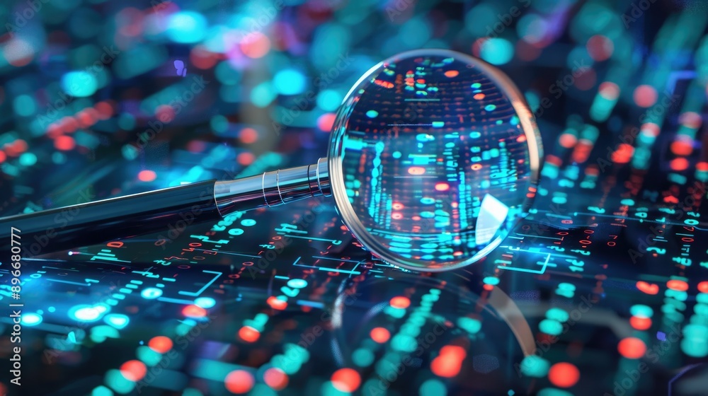 Data analysis concept with magnifying glass, digital data search, binary code investigation, information technology, cybersecurity research, virtual data inspection, digital forensic analysis Data analysis concept with magnifying glass, digital data search, binary code investigation, information technology, cybersecurity research, virtual data inspection, digital forensic analysis