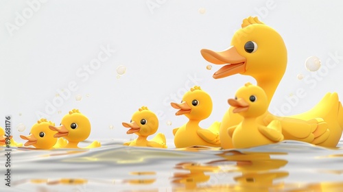A charming 3D clipart of a family of ducks swimming