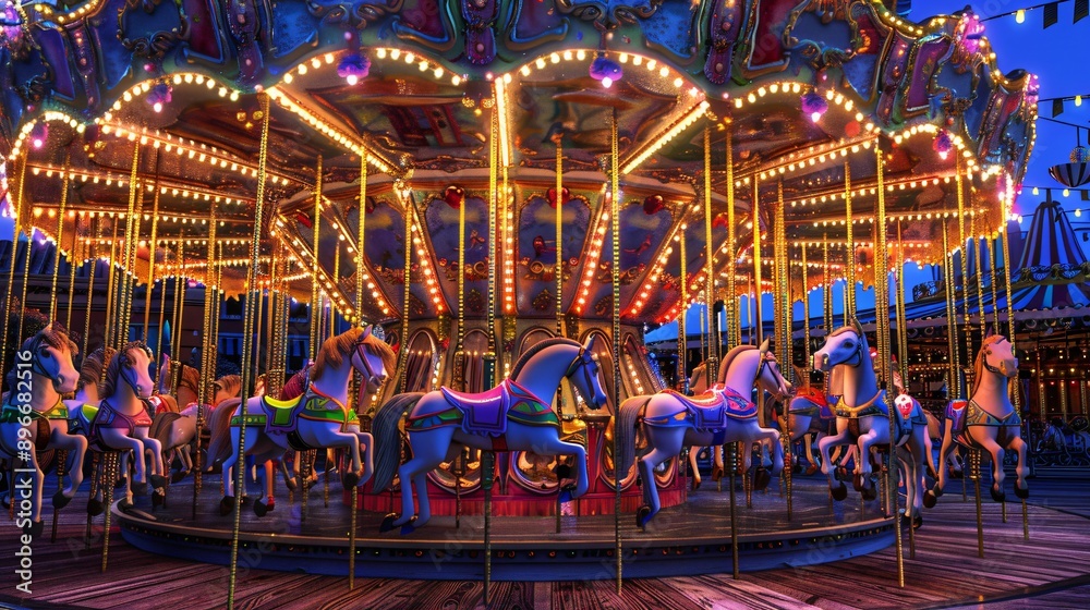 A vibrant 3D clipart of a carnival carousel with horses A vibrant 3D clipart of a carnival carousel with horses